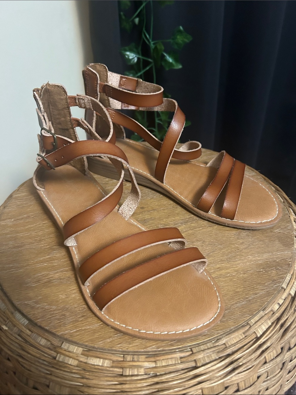 Women's Brown Strappy Ankle-Wrap Sandals